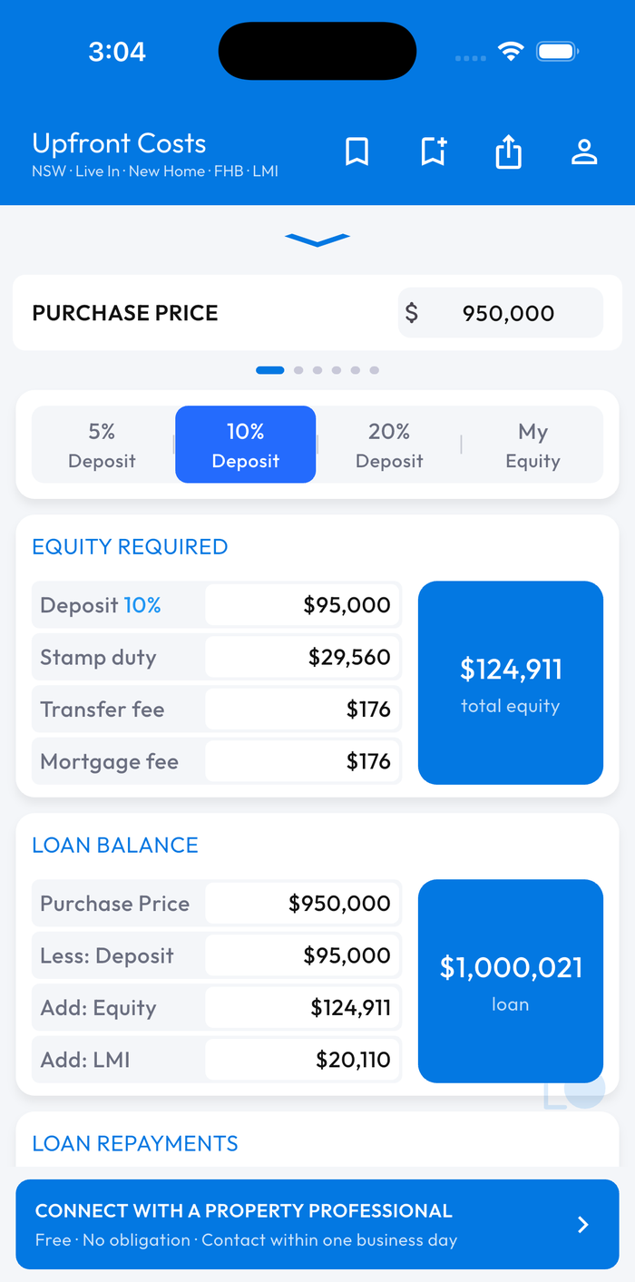 UPFRONT COSTS screen